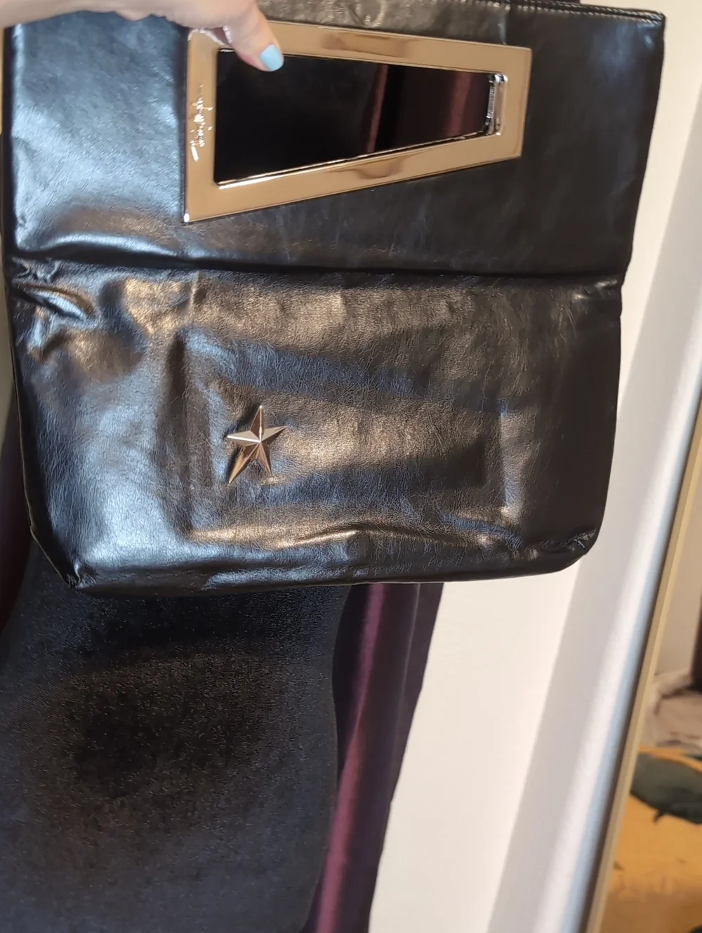 Thierry Mugler Black Leather Fold Over Clutch with Silver Star Accent